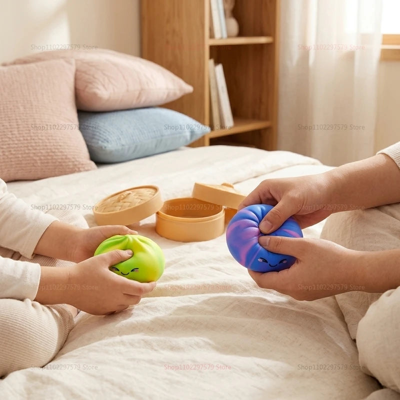 New Rainbow Toy with Steamer Box Squeeze Dough Stress Ball Realistic Steamed Bun Squeezing Toy for Fidget Sensory Anxiety Relief