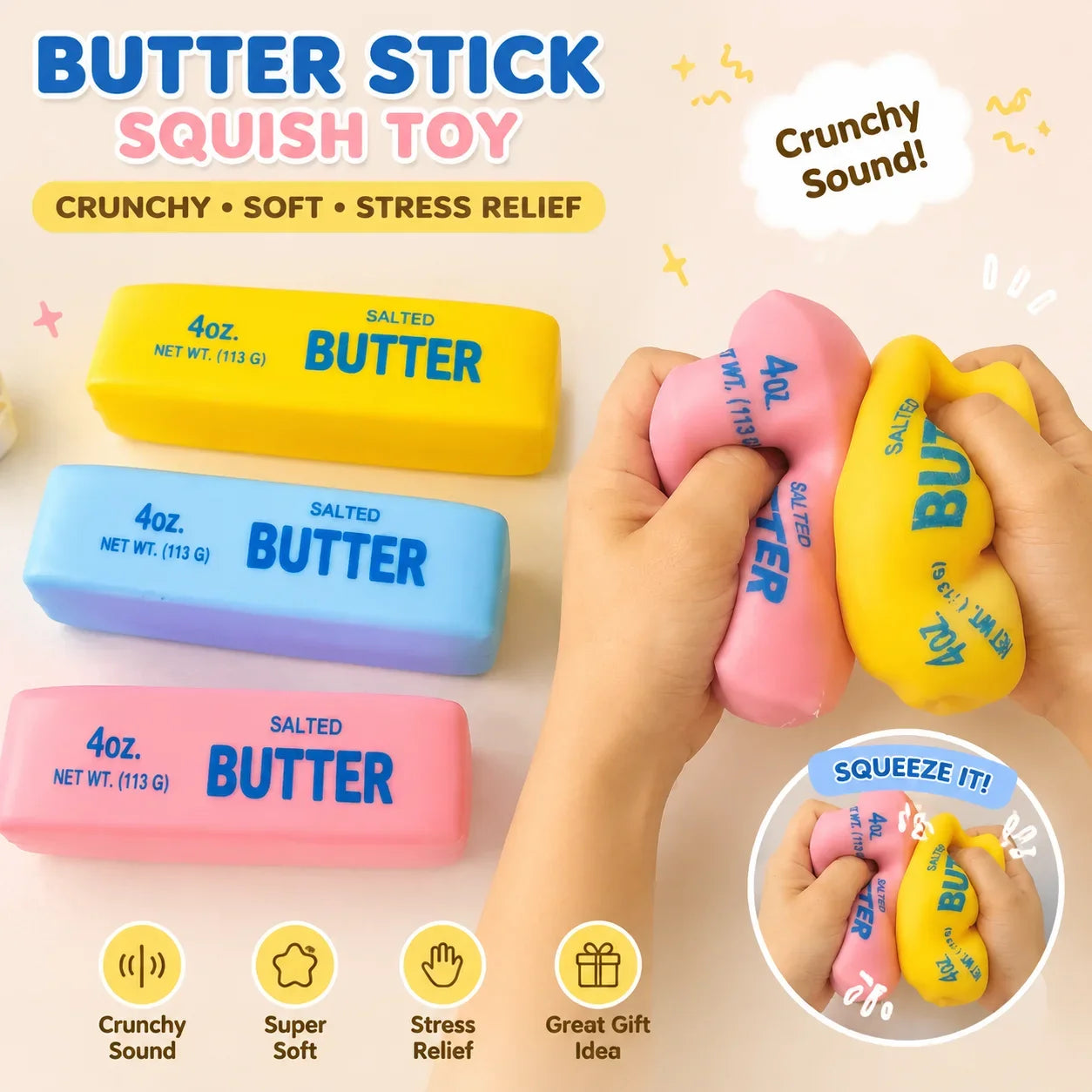 Realistic Butter Stick Squishy Toy Viral Crunchy Squeeze Toy Soft Stress Relief Fidget Sensory Toy Fun Desk Decoration Gift