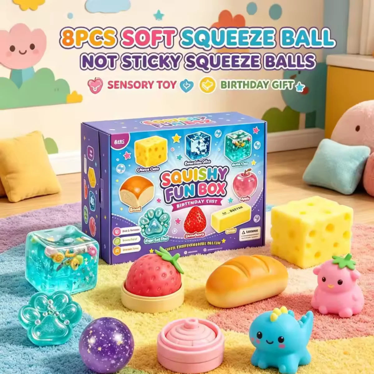 NEW 8pcs/set Mystery Box Slow Rising Squeeze Balls Soft Stretchy Squishy Sensory Fidget Toy for Anxiety Relief Birthday Gifts