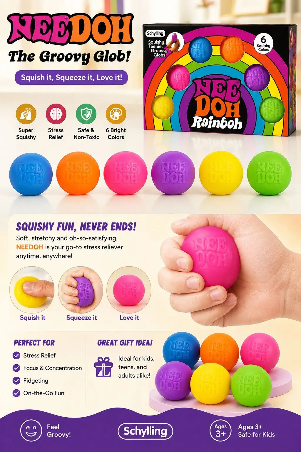 New Schylling Needoh Rainbow Teenie Stress Ball Fidget Toys Blind Box surprises Anti-stress Sensory Squeeze Party Toy gifts