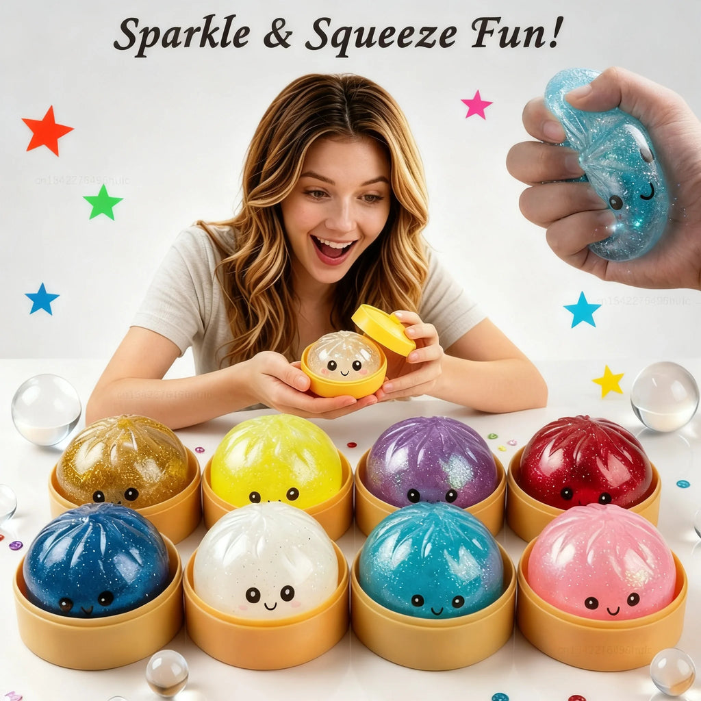 Pressure Ball Mini Hot Dumpling Squeeze Toy Realistic Glitter Steamer Bun Stress Reliever Soft Pinch Decompression Sensory Gifts