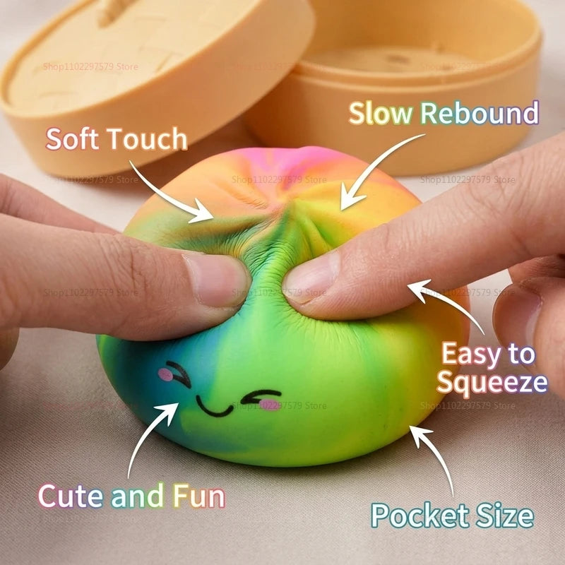 New Rainbow Toy with Steamer Box Squeeze Dough Stress Ball Realistic Steamed Bun Squeezing Toy for Fidget Sensory Anxiety Relief