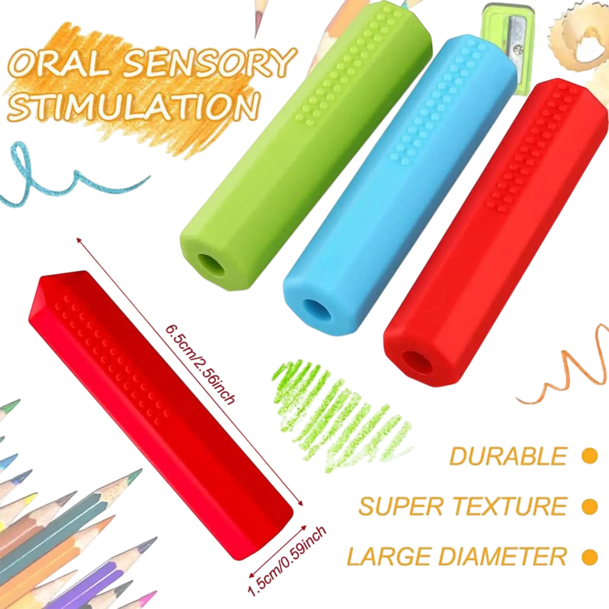 Pencil Toppers for Sensory Kids 3-Piece Silicone Fidgeting Chewy Pencil Tubes Set Colored Calming Pen Toppers for Teens Children